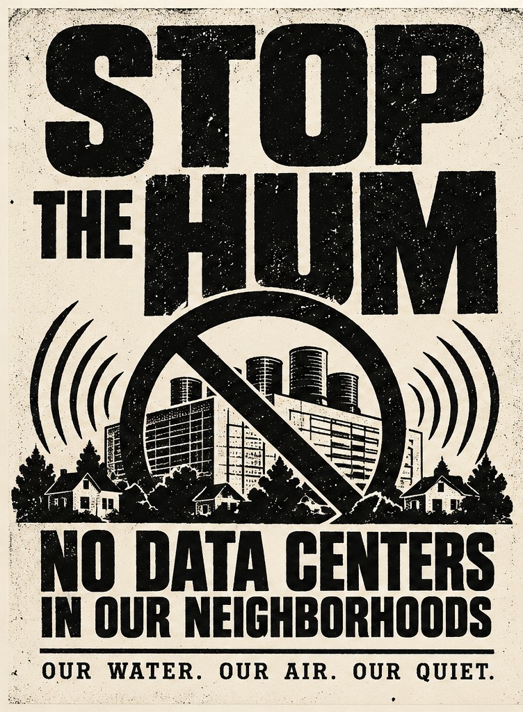 Stop the Hum campaign graphic: no data centers in our neighborhoods